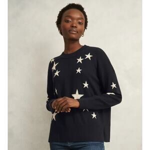 Quotation Navy Blue Star Printed Cashmere Sweater Size M Cozy Casual Quiet Lux